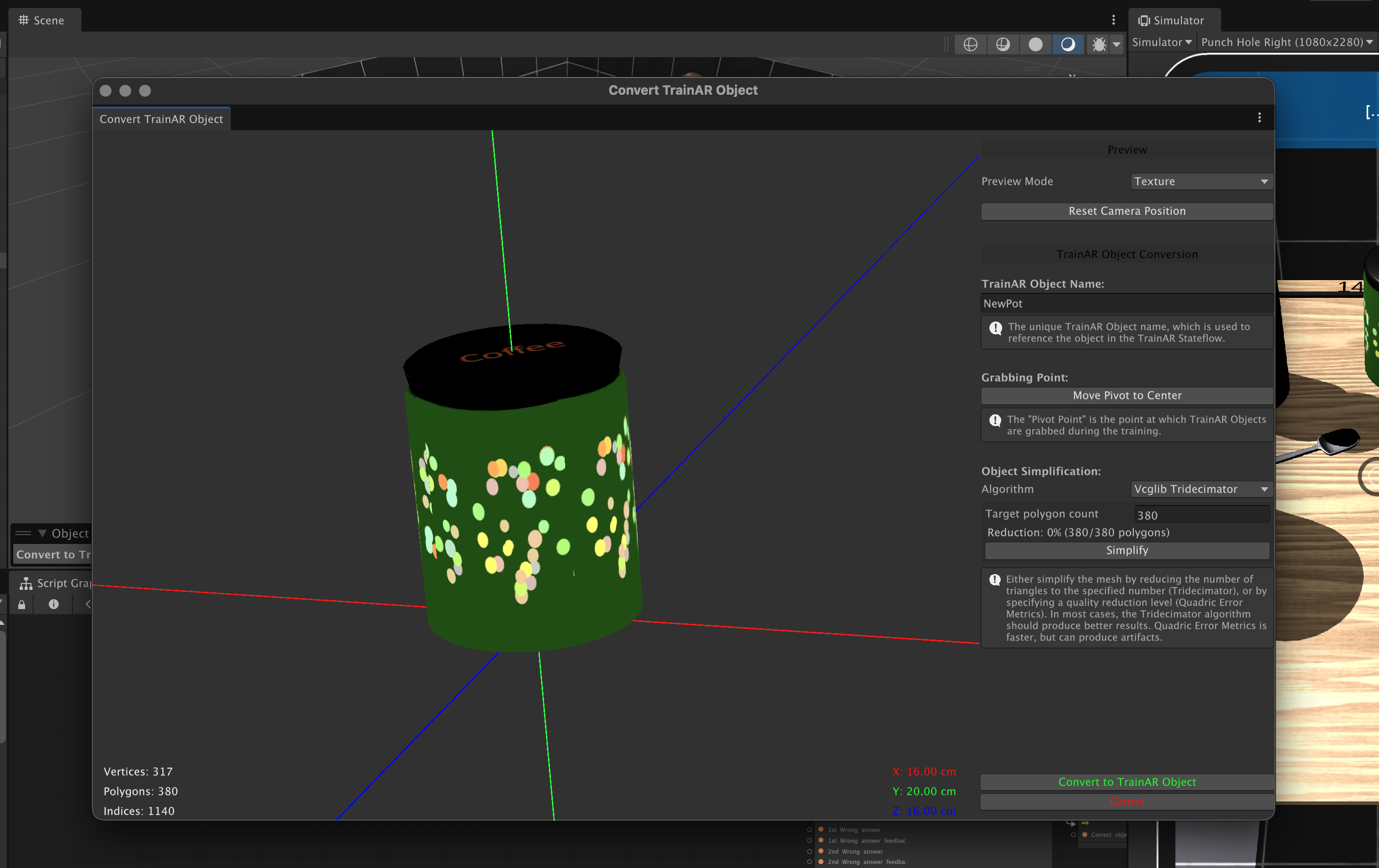 TrainAR object conversion window showing the model preview and conversion settings.